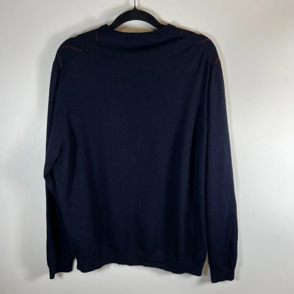 Brooks Brothers Men XL V Neck Argyle Sweater Extra Fine Italian Merino Wool Navy
